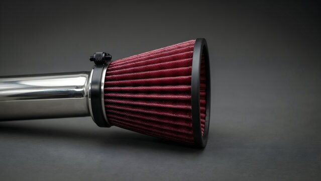 High-Performance Car Air Filter with Metal Intake Tube on Dark Surface