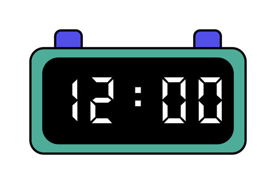 A green and purple digital clock showing 12:00 on a white background