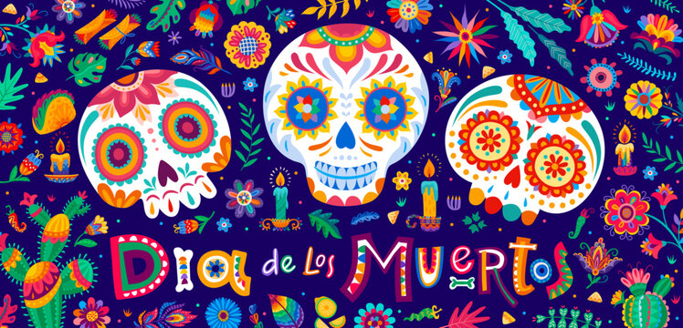 Day of the Dead and Mexican Dia de Los Muertos holiday banner with calavera skulls. Mexican colorful ornament of calavera skulls and huichol folk art flowers and cactus for Day of the Dead greeting