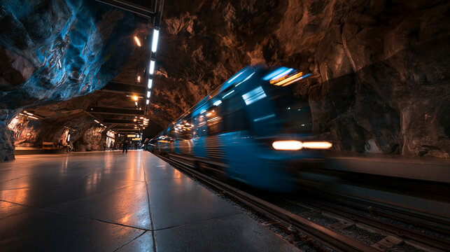Subway Train in Motion at Underground Cave Station