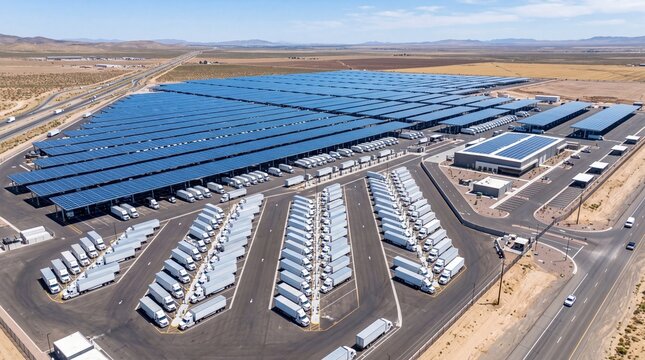 Aerial View of Solar Powered Logistics and Truck Distribution Center