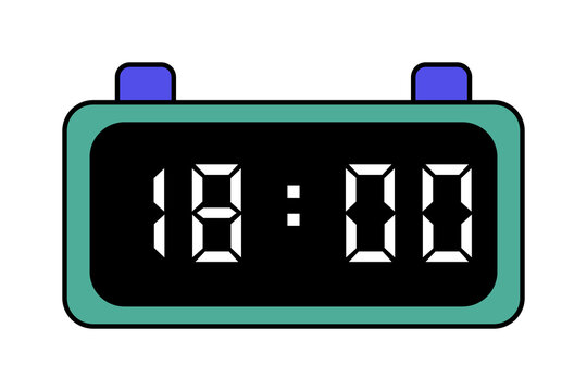 A green and purple digital clock showing 18:00 on a white background