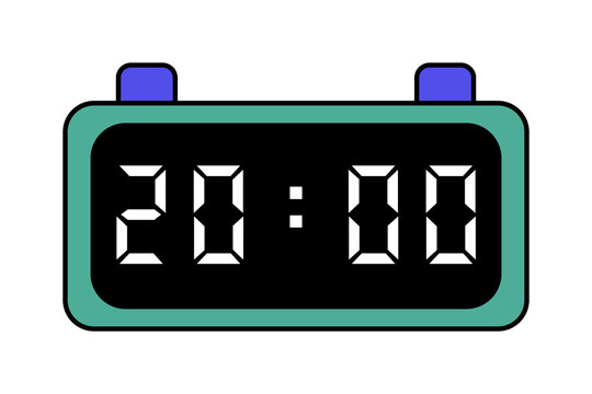 A green and purple digital clock showing 20:00 on a white background