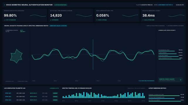 Voice biometric neural authentication monitor dashboard with audio waveforms metrics, for secure speech recognition technology, ai voice verification, speaker identification, cybersecurity