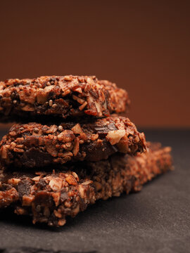 Homemade chocolate made from organic cocoa, dates, hazelnuts, and coconut oil