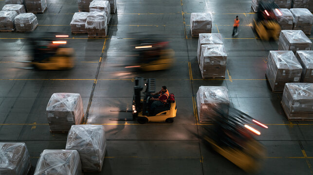 Forklifts Moving Pallets in Busy Logistics Warehouse