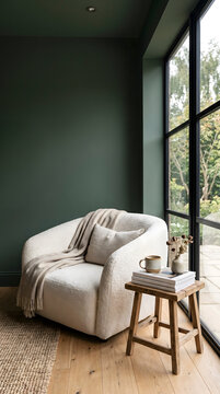 Cream boucle lounge chair and side table in a cozy living room corner with a blank green wall