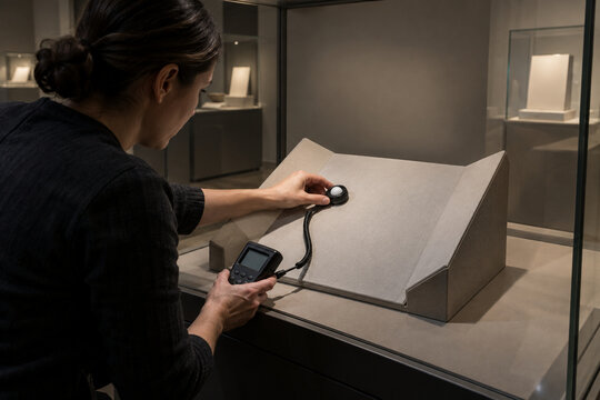 Conservator positioning a light sensor on an empty display support