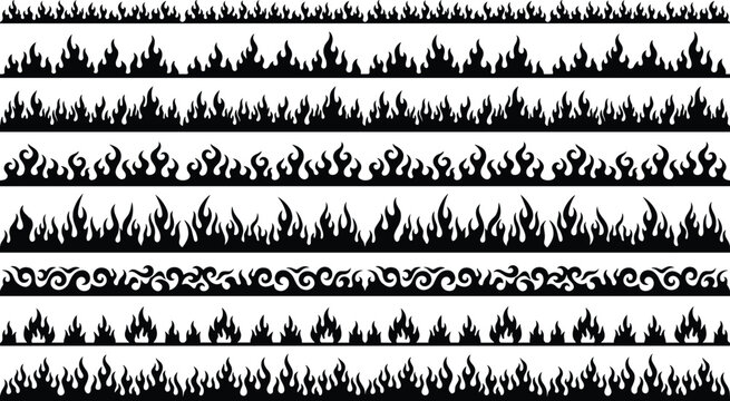 Black flame border collection with decorative fire patterns for gothic halloween frames and design projects