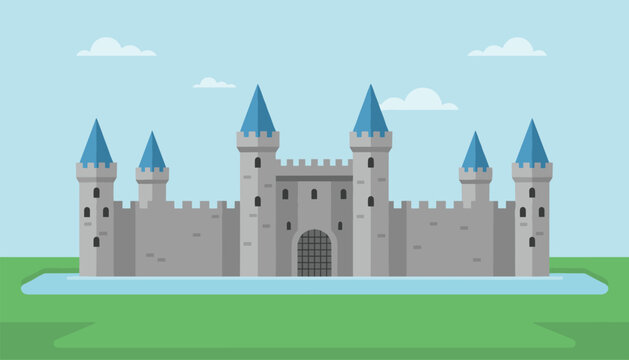 Grand medieval stone castle architecture with multiple towers and blue roofs situated behind a peaceful water moat.