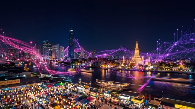 Smart City Bangkok Skyline with Digital Connectivity Network