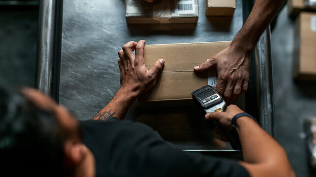 Warehouse Worker Scanning Barcode on Cardboard Box Package