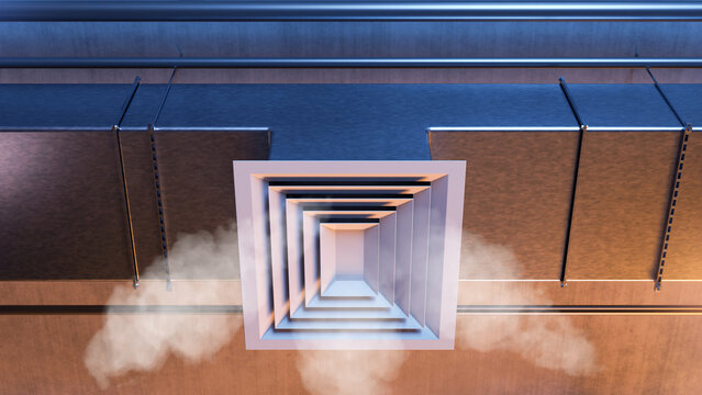 Ventilation system, exhaust air duct draws used indoor air into the ventilation network for removal, circulation and air quality control.