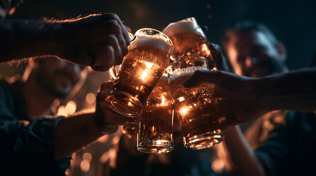 Friends Toasting Beer Glasses in Pub Celebrating Together