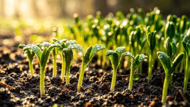 Closeup of young green seedlings sprouting from dark, moist soil in a field at sunrise, with water droplets on the leaves and soft sunlight