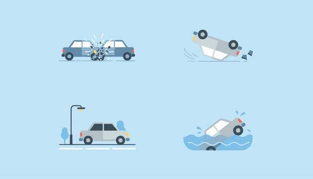Icon set depicting car accidents and situations including a head-on collision, rollover, parking, and submergence.