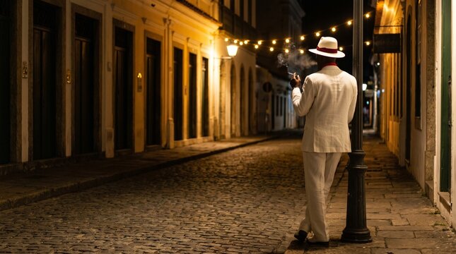 Brazilian spiritual entity Ze Pilintra known as the lawyer of the poor on a street at night