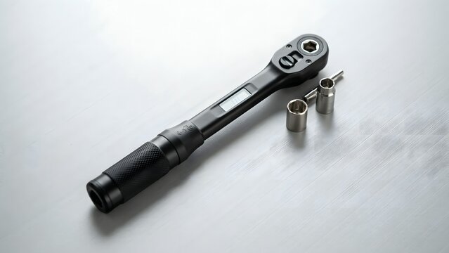 Handheld digital torque wrench with socket adapters on metallic surface