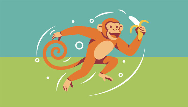 Happy cartoon monkey running joyfully while holding a half peeled yellow banana on a green and blue background.