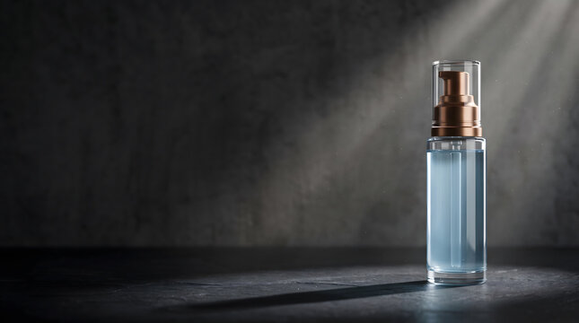 Blue Serum Pump Bottle with Bronze Cap on Dark Concrete Surface