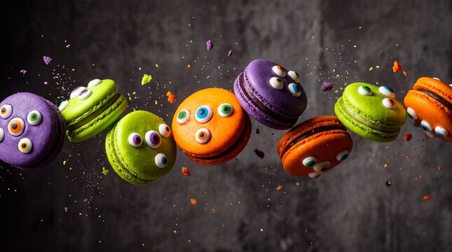 Flying colorful Halloween monster macarons with candy eyes in motion.