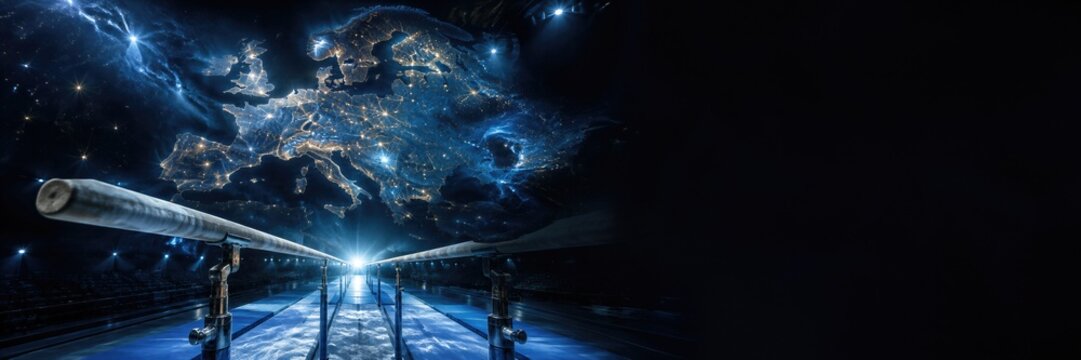 Gymnastics parallel bars in dark arena under glowing Europe map on starry sky. European Artistic Gymnastics Championships concept. International sport competition background. Banner with copy space