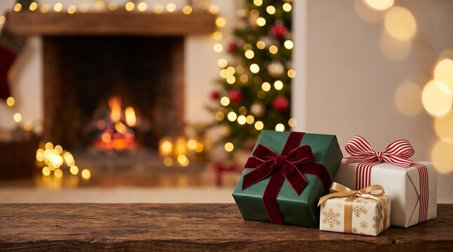 Elegant Christmas Gifts on Wooden Table with Warm Blurred Fireplace and Glowing Tree Background for Holiday Season Sales Marketing Banner Layout
