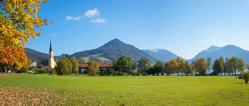 rural scenery spa town schliersee in autumn. panorama landscape with alps view.