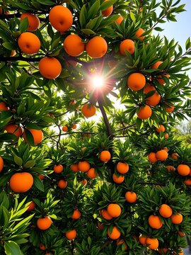 Sunlit orange grove with lush green leaves and ripe oranges, grove, orchard