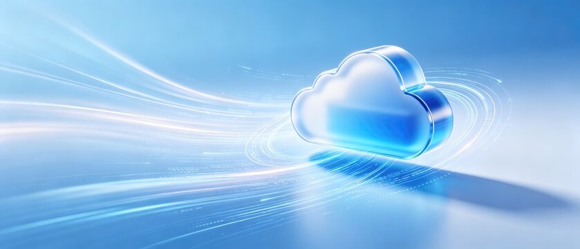 Futuristic cloud computing symbol with flowing digital data streams on bright blue technology background, idea for online storage, fast networking, information transfer and hosting
