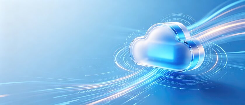 Glowing cloud computing symbol with flowing data streams and blue digital technology background with copy space, idea for online storage, networking, hosting and fast information transfer