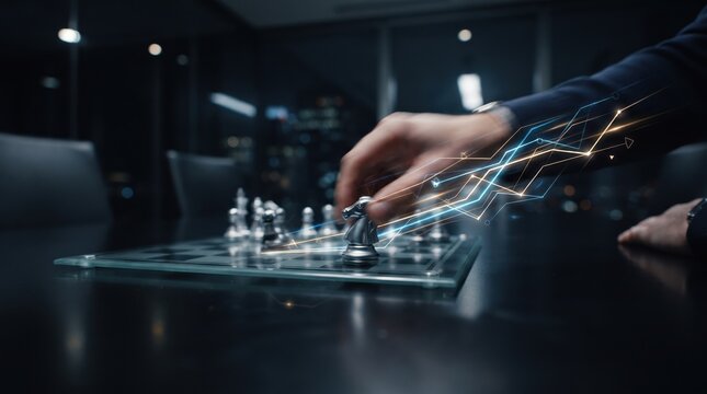 Hand of a businessman moving a knight on a chessboard with glowing digital data trails, symbolizing strategic planning, investment, and futuristic technology in a corporate office.