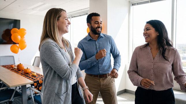 Multigenerational office team dancing in a meeting room with Halloween runner and orange balloons, great for Halloween corporate event invitations and social content.