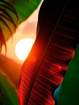 Tropical banana leaf silhouette with intricate details, elegant, green