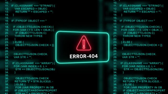 Digital error 404 page not found warning sign displayed over scrolling computer programming source code background, for cybersecurity, software, development, web maintenance, and technical system