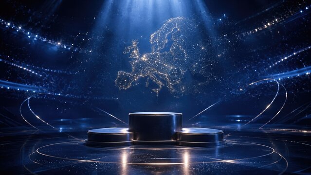 Empty winners podium on stage under spotlights with glowing Europe map hologram. European Artistic Gymnastics Championships award ceremony concept. Sport victory and celebration.