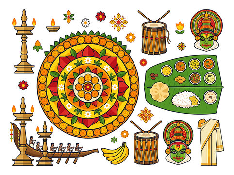 Onam festival set with traditional flower rangoli and cultural icons