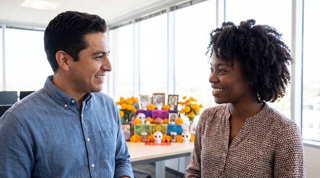 Hispanic man and Black woman talking beside a Dia de los Muertos ofrenda in a modern office, great for festive November corporate celebration ads and team social content.