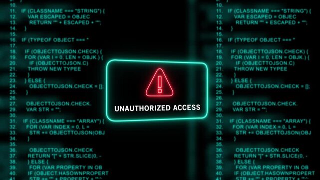 Unauthorized access warning sign flashing over scrolling computer programming code background, cyber security breach alert, digital hacking concept, software development error, data protection