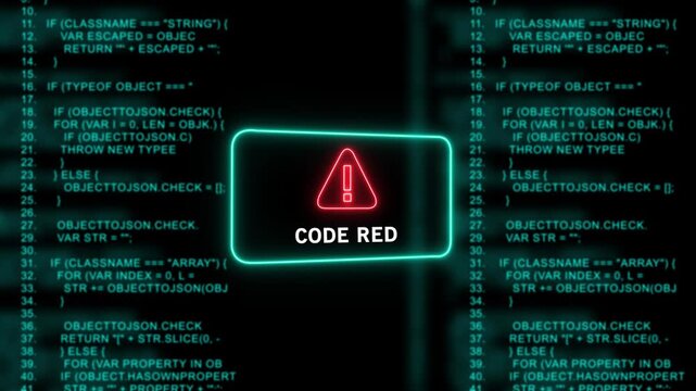 Cybersecurity code red warning alert displaying critical system error message over scrolling digital software programming source code background, for network security, breach and data protection