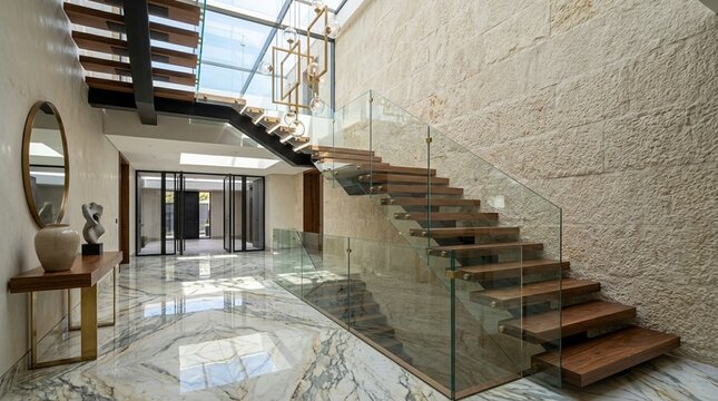 Modern Wooden Staircase with Glass Railing in a Bright, Open Interior