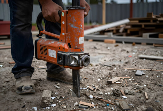 Construction site demolition and infrastructure development, worker using a heavy duty jackhammer to break concrete ground on a building project site