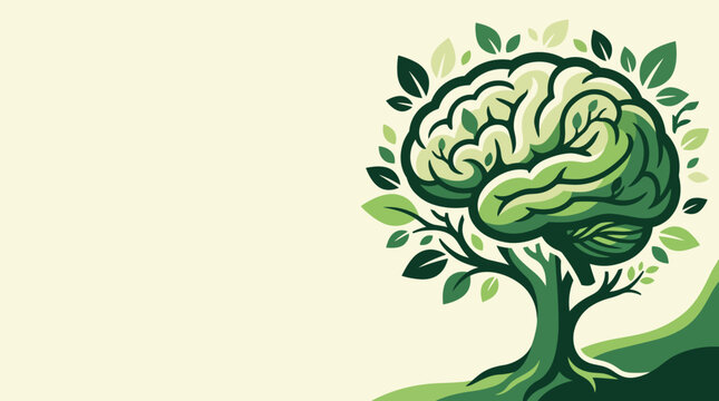 A creative world mental health day background vector featuring a human brain shaped like a tree with green leaves