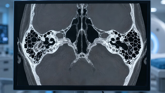 Early-stage mastoiditis radiology concept showing mastoid bone inflammation and partial opacification of temporal bone air cells, photorealistic imaging for healthcare, medical and patient education