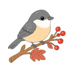 Cute bushtit bird illustration perched on an autumn branch with red berries and leaf © Asri