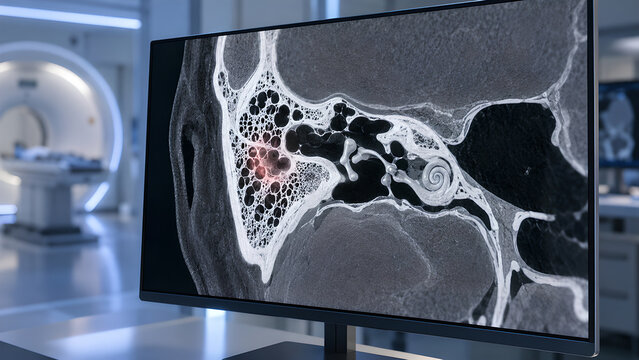 Early-stage mastoiditis radiology concept showing mastoid bone inflammation and partial opacification of temporal bone air cells, photorealistic imaging for healthcare, medical and patient education