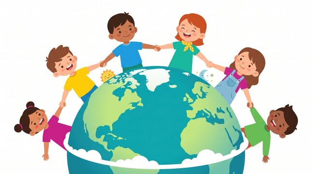 Diverse group of happy children holding hands around the planet earth