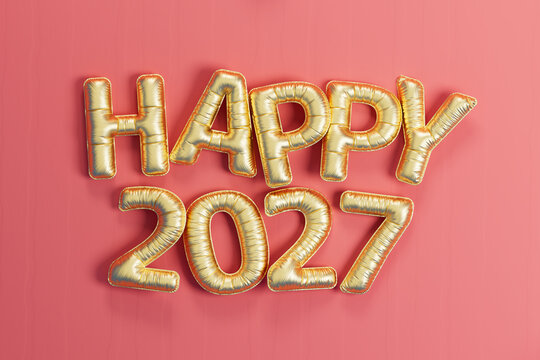 3D Golden Happy 2027 Celebration on Pink Background