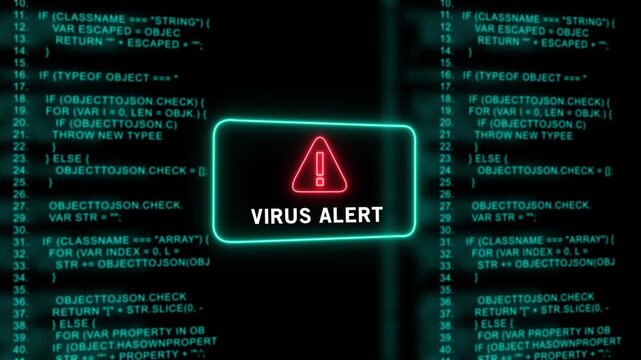 Cybersecurity warning concept featuring a glowing red virus alert and warning symbol overlaid on a scrolling digital matrix of complex programming code for network protection and data security