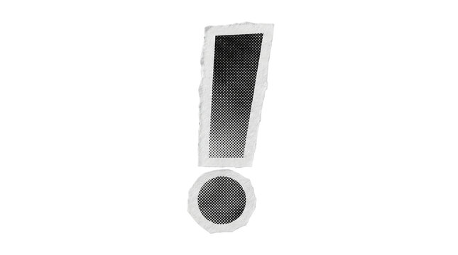 Black halftone exclamation mark printed on torn paper scrap for punk collage graphics.